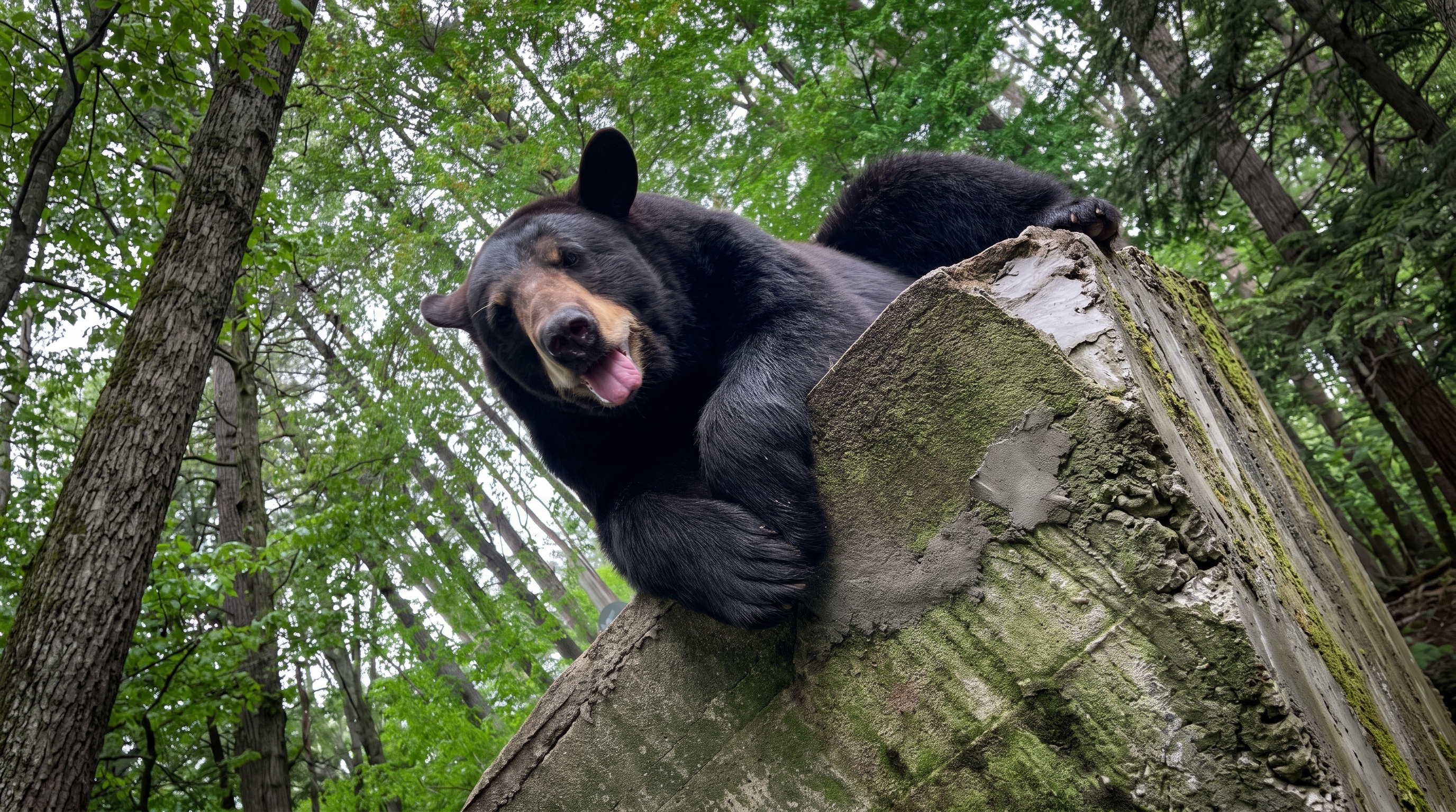 Rescued American black bear relaxing comfortably atop mossy perch in the Maine pine woods at DEW Haven sanctuary